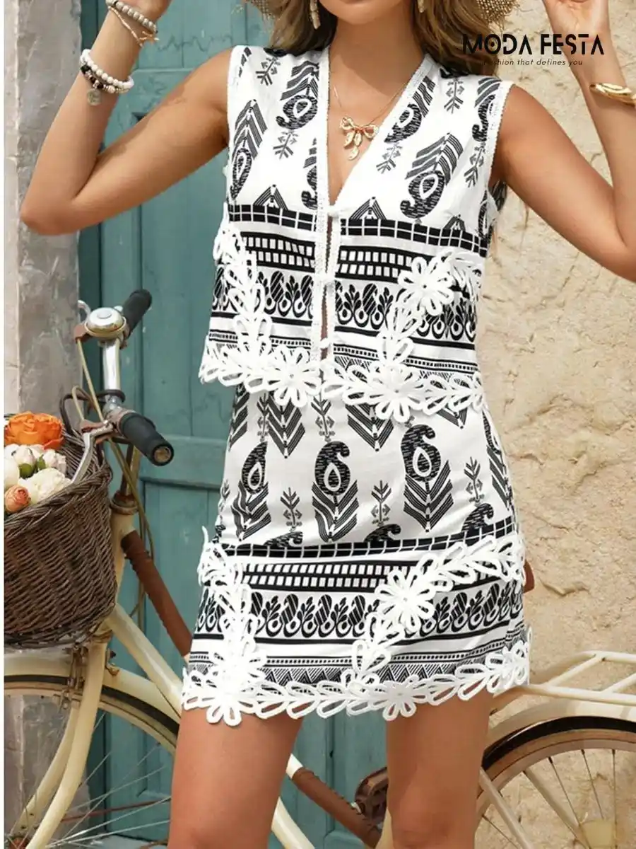 ModaFesta -Elegant Lace Trim Coord Set